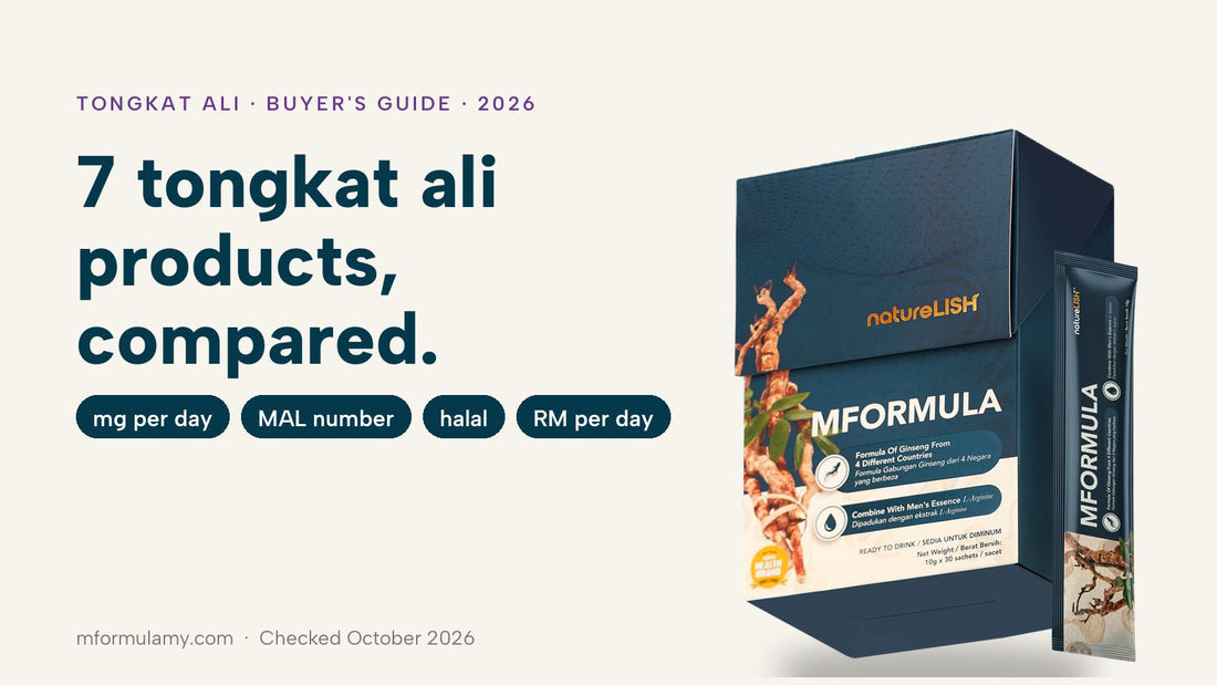 Tongkat ali buyer's guide: 7 products compared on mg per day, MAL number, halal and price, with an MFormula box and sachet