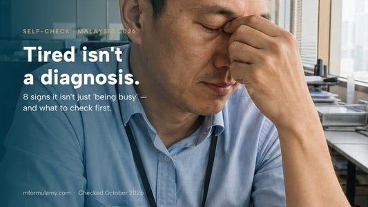 A tired man rubbing his eyes at work, with the headline Tired isn't a diagnosis