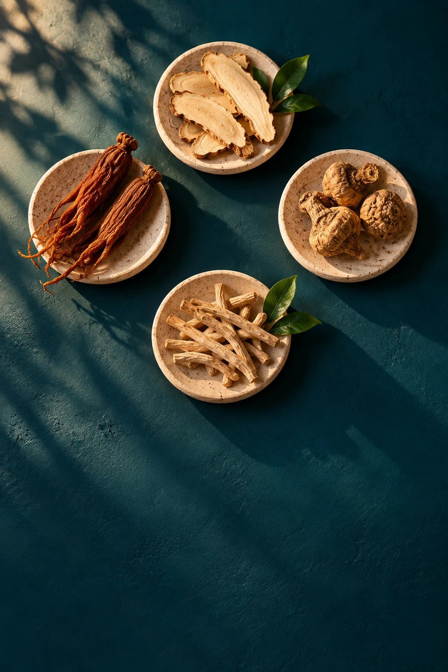 Tongkat ali, Korean red ginseng, maca and ashwagandha in stone dishes with an MFormula sachet