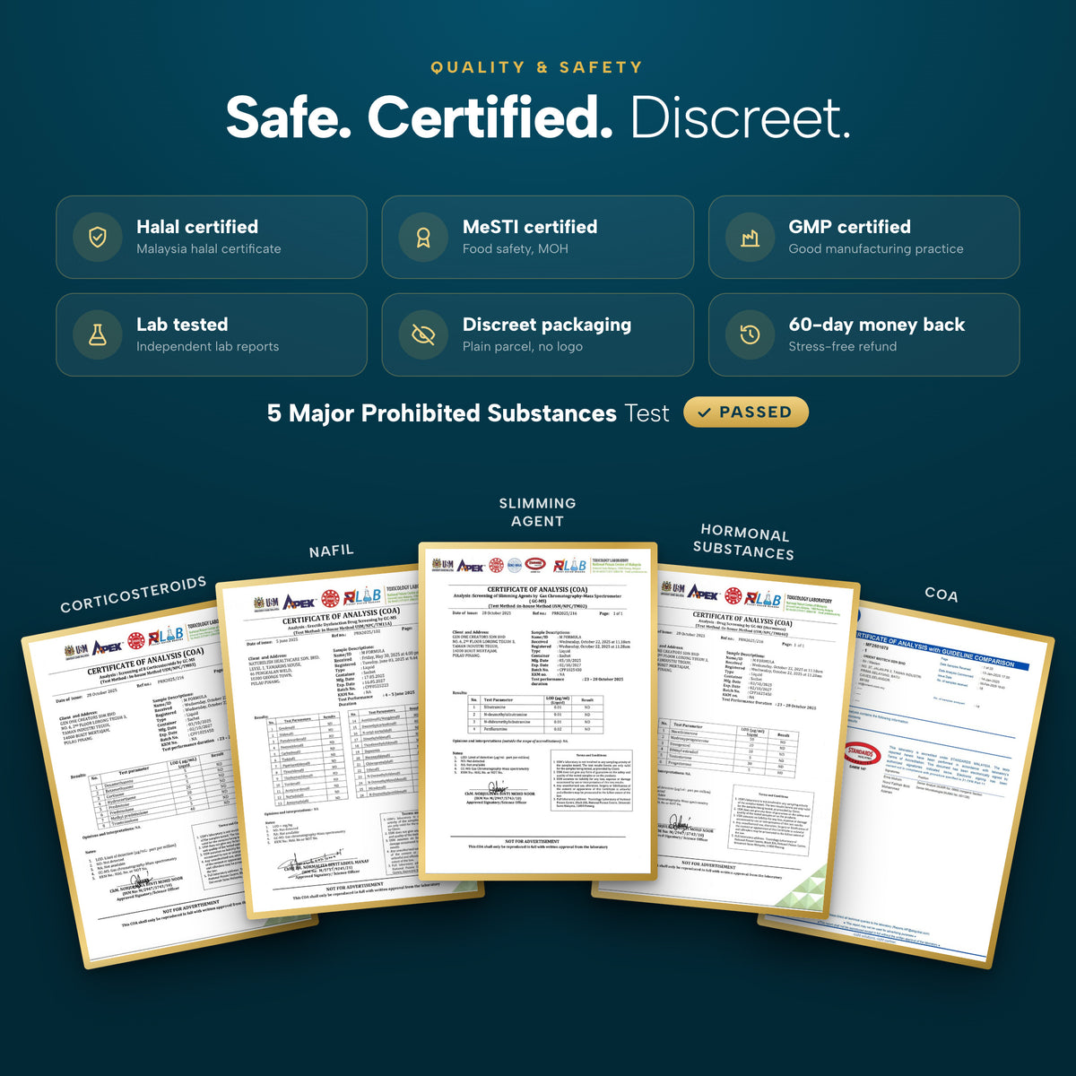 MFormula quality and safety: Halal, MeSTI and GMP certified, lab tested, passed 5 major prohibited substances tests, discreet packaging, 60-day money back