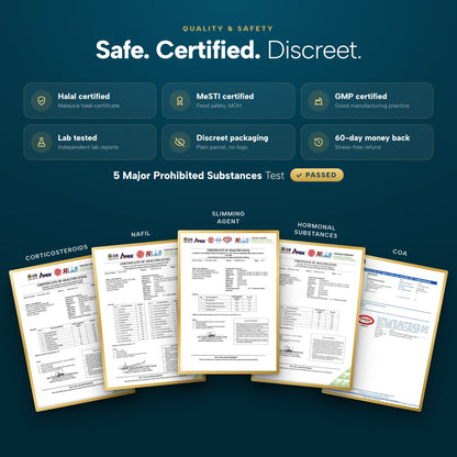 MFormula quality and safety: Halal, MeSTI and GMP certified, lab tested, passed 5 major prohibited substances tests, discreet packaging, 60-day money back